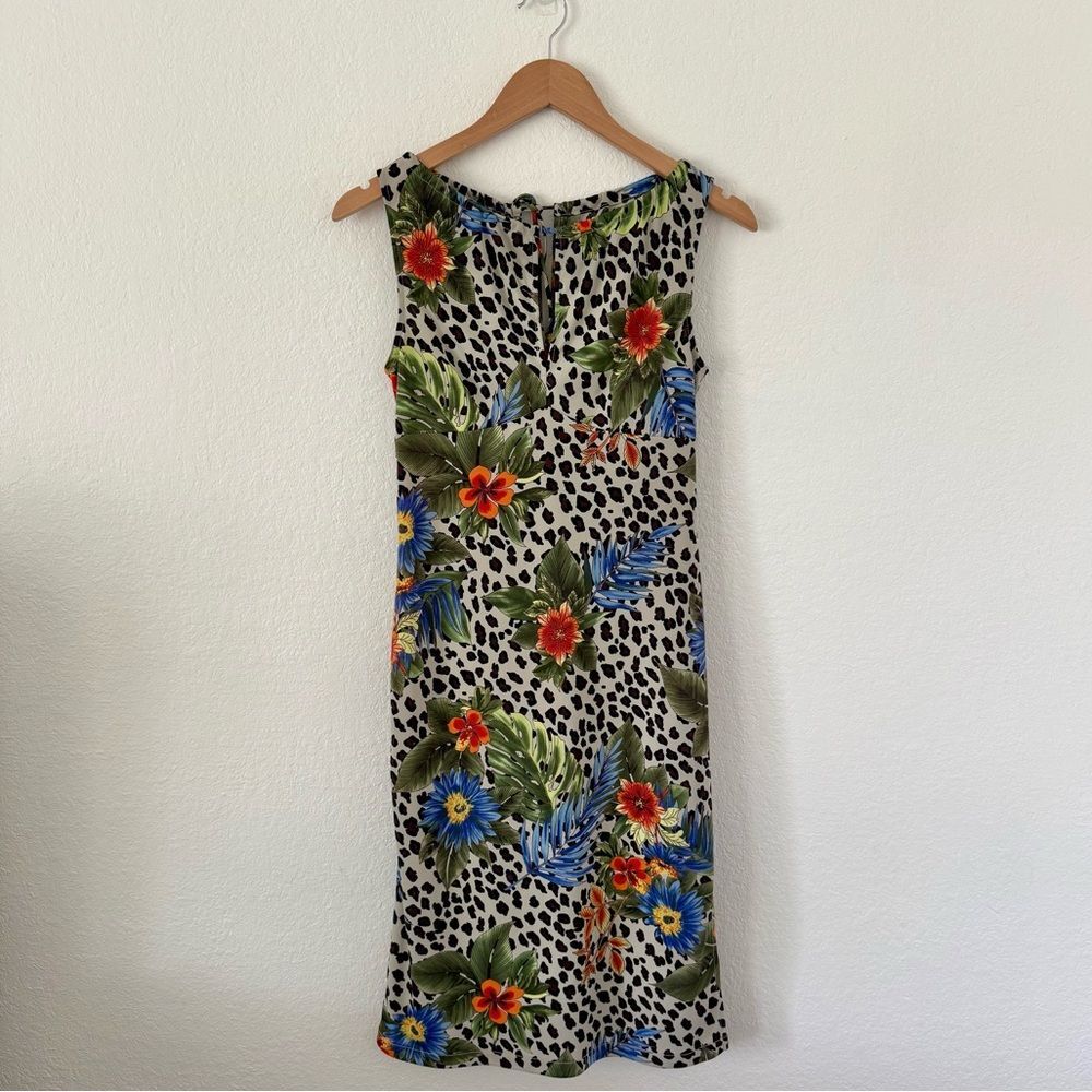 BCBG Vintage Y2K Tropical Floral & Leopard Print Sleeveless Midi Dress | Small